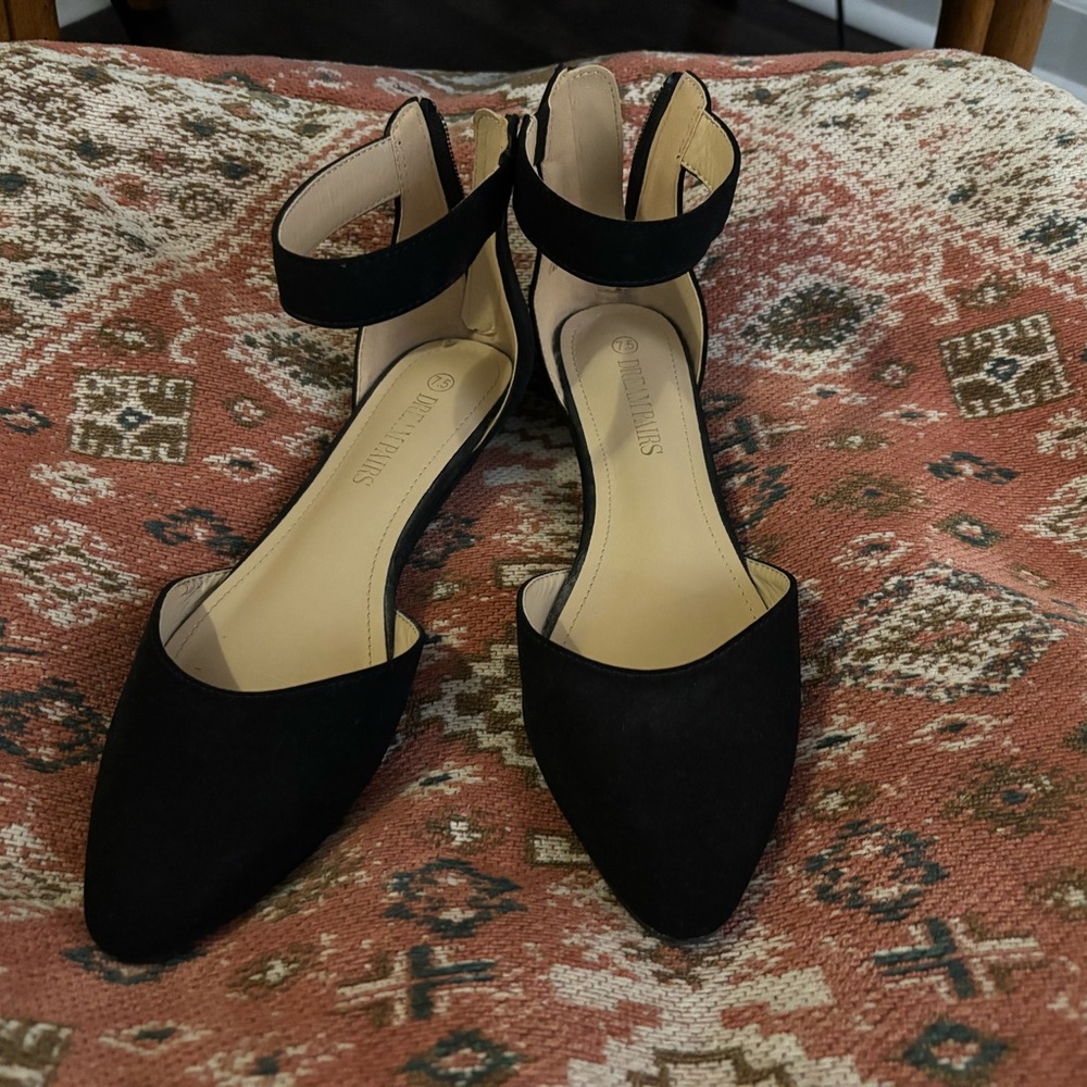 Black Ankle-Strap Pointed-Toe Flats - Women's Shoes